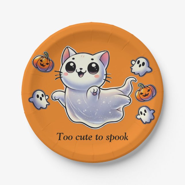 Too cute to spook ghost cat paper plates (Front)