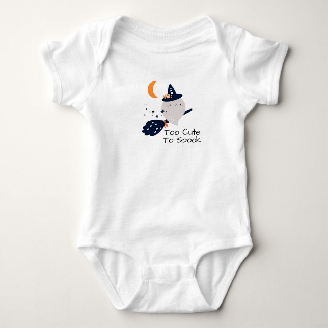 Too Cute to Spook Ghost on a Broom Baby Bodysuit (Front)