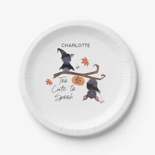 Too Cute to Spook Halloween Birthday Bats Name Paper Plates (Front)