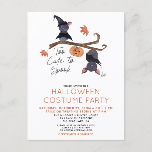 Too Cute to Spook Halloween Costume Party Invitation Postcard