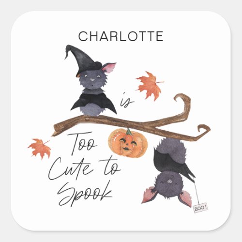 Too Cute to Spook Halloween Watercolor Bats Name Square Sticker