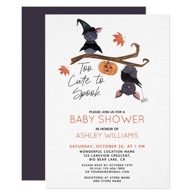 Too Cute to Spook Watercolor Bats Baby Shower Invitation
