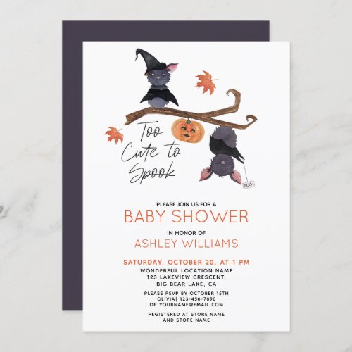 Too Cute to Spook Watercolor Bats Baby Shower Invitation - This "Too cute to spook" baby shower invitation design is so cute! Featuring watercolor bats and pumpkin on a branch, one in a witch's hat and the other hanging upside down holding a sign that says "boo!", the text is modern, hand lettered script typography. The card is personalized with your baby shower details in matching black and orange, and the back of the card is a matching purple color. This design is part of a collection in our Zazzle store with other coordinating products for your party, so be sure to check it out! Copyright Elegant Invites, all rights reserved.