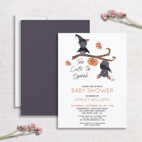 Too Cute to Spook Watercolor Bats Baby Shower Invitation