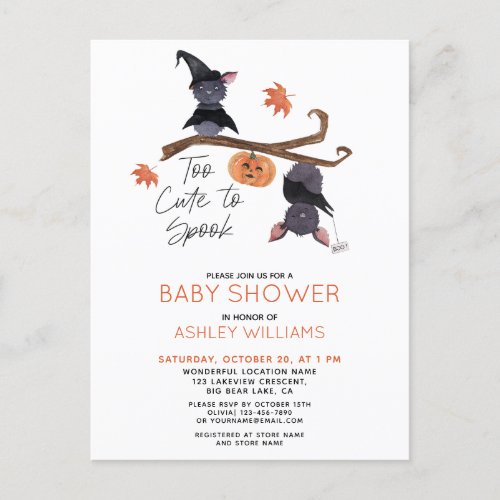 Too Cute to Spook Watercolor Bats Baby Shower Invitation Postcard - This "Too cute to spook" baby shower postcard invitation design is so cute! Featuring watercolor bats and pumpkin on a branch, one in a witch's hat and the other hanging upside down holding a sign that says "boo!", the text is modern, hand lettered script typography. The card is personalized with your baby shower details in matching black and orange, and the back of the card is a matching purple color. This design is part of a collection in our Zazzle store with other coordinating products for your party, so be sure to check it out! Copyright Elegant Invites, all rights reserved.