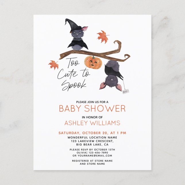Too Cute to Spook Watercolor Bats Baby Shower Invitation Postcard (Front)
