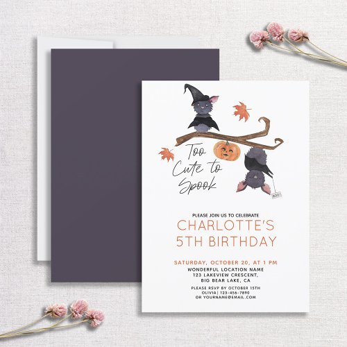 Too Cute to Spook Watercolor Bats Childs Birthday Invitation