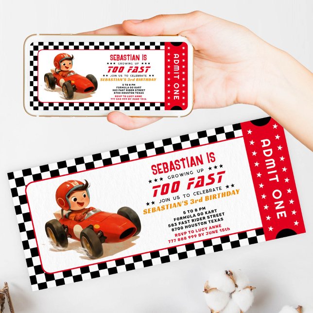 Too Fast Racing Car Ticket Birthday Invitation (Creator Uploaded)
