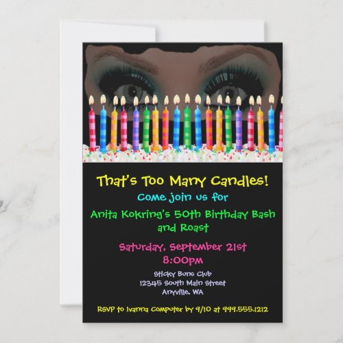 Too Many Candles Custom Drag Birthday Invites