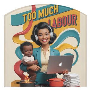 Too Much Labour — Retro Woman Illustration Door Sign