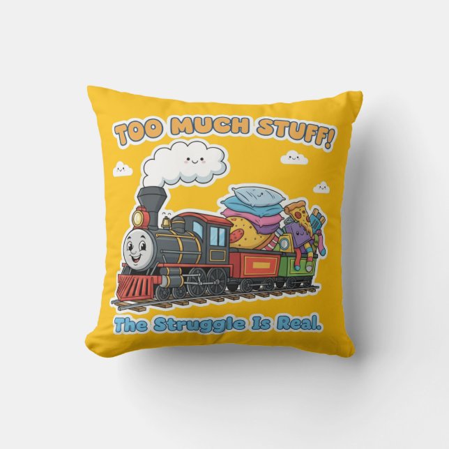 "Too Much Stuff!" Whimsical Steam Engine Train Throw Pillow (Front)