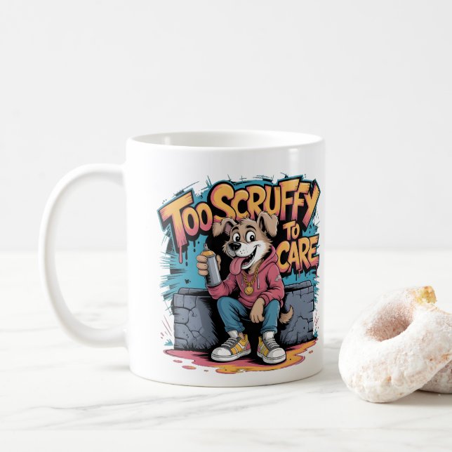 Too Scruffy to Care–Funny Street Dog Graffiti Art  Coffee Mug (With Donut)