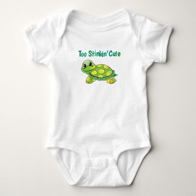 Too Stinkin' Cute Green and Yellow Spotted Turtle Baby Bodysuit (Front)