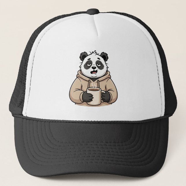 Too Tired to Function Panda Coffee Cartoon Trucker Hat (Front)