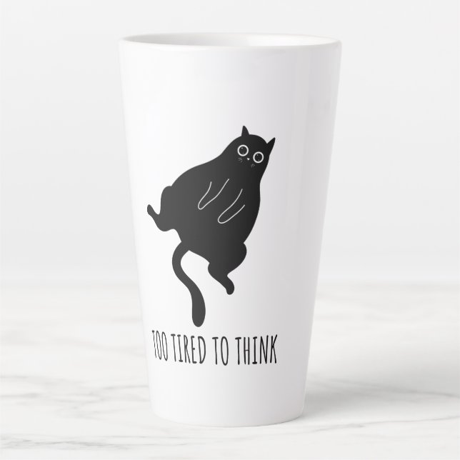 Too Tired to Think - Funny Exhausted Black Cat Latte Mug (Front)