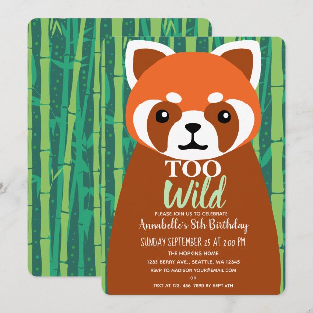 Too Wild Cute Red Panda Kids Birthday  Invitation (Front/Back)