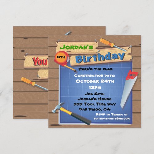 Tool Building Construction Birthday Party Invite