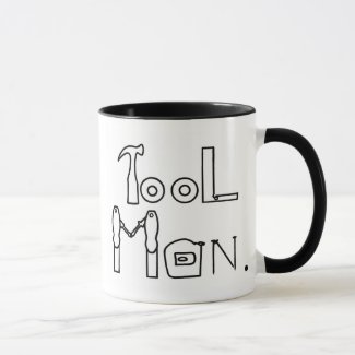 Tool Man spelled with drawing of tools, mug