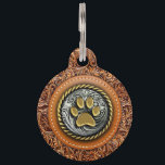 Tooled Leather and Pawprint Concho Pet ID Tag<br><div class="desc">A silver and gold pawprint concho is the focal point of this country and western styled tag in a tooled leather setting.</div>