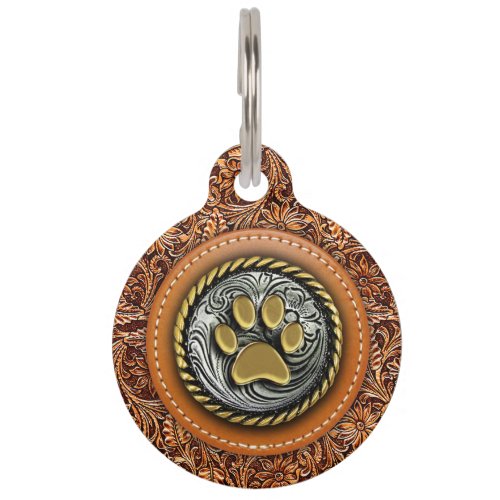 Tooled Leather and Pawprint Concho Pet ID Tag