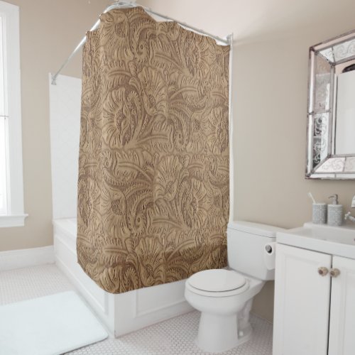 Tooled Leather Brown Medium Print Western Shower Curtain