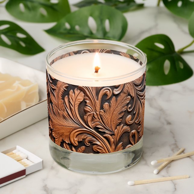 Tooled leather brown scented candle (Lit)