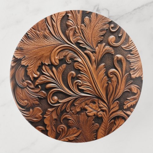 Tooled leather brown trinket tray