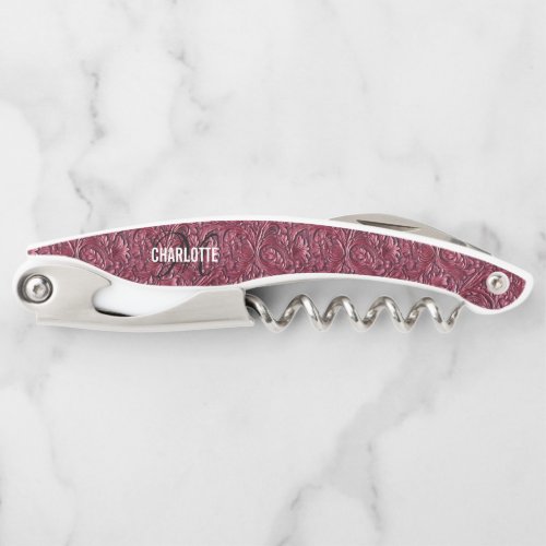 Tooled leather burgundy monogram name waiters corkscrew