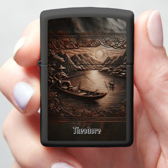 Tooled Leather Calm Fishing Waters Zippo Lighter (In Hand)