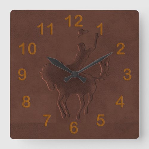 Tooled Leather Cowboy on Horse Square Wall Clock