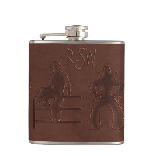 Tooled Leather Cowboys+Horses (Personalized Flask) Hip Flask