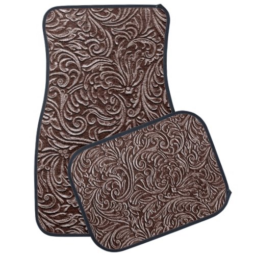 Tooled Leather Dark Brown Chocolate Rustic Look Car Floor Mat