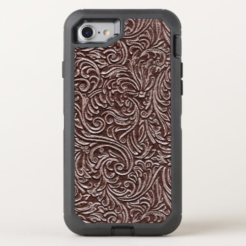 Tooled Leather Dark Brown Chocolate Rustic Look OtterBox Defender iPhone SE87 Case