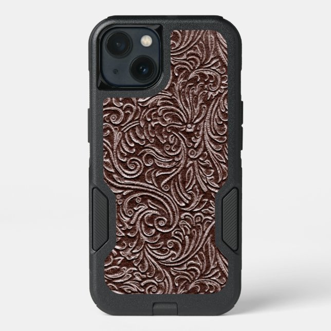 Tooled Leather Dark Brown Chocolate Rustic Look Otterbox iPhone Case (Back)