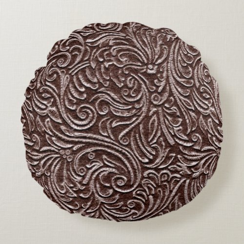 Tooled Leather Dark Brown Chocolate Rustic Look Round Pillow