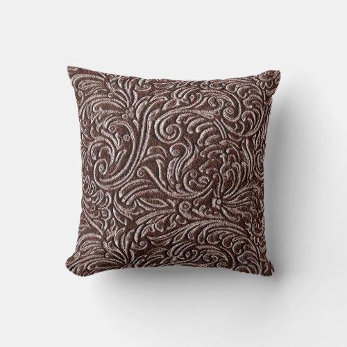 Tooled Leather Dark Brown Chocolate Rustic Look Throw Pillow