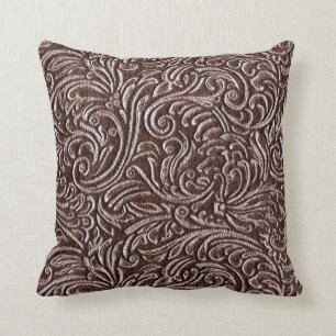 Tooled Leather Dark Brown Chocolate Rustic Look Throw Pillow