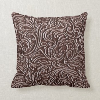 Tooled Leather Dark Brown Chocolate Rustic Look Throw Pillow by TimelessManePatterns at Zazzle