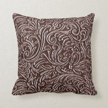 Tooled Leather Dark Brown Chocolate Rustic Look Throw Pillow