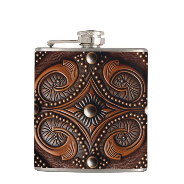 Tooled Leather Design Flask (Front)