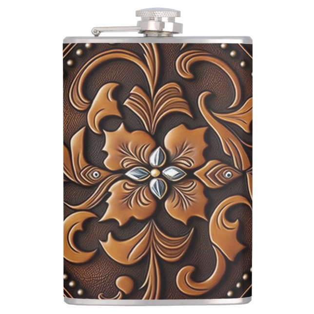 Tooled Leather Design Flask (Front)