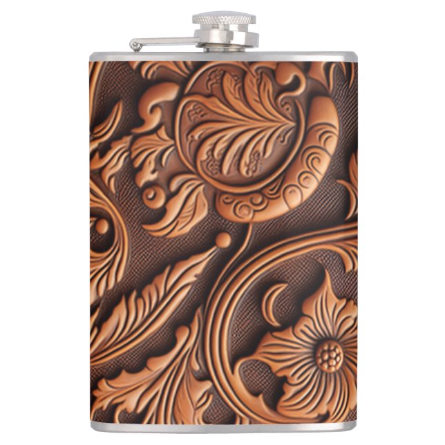 Tooled Leather Design Flask (Front)