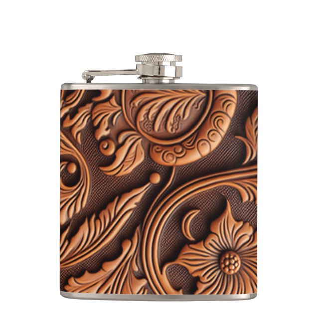 Tooled Leather Design Flask (Front)