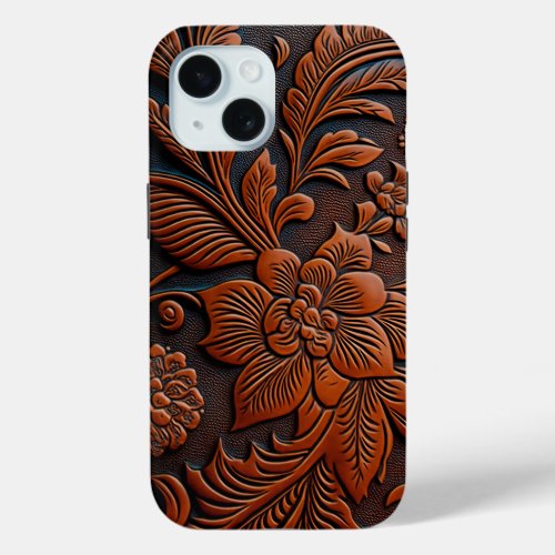 Tooled Leather Floral Design iPhone 15 Case