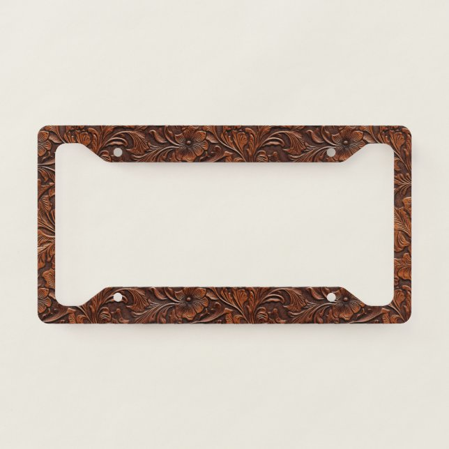 Tooled Leather Floral License Plate Frame (Front)