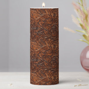 Tooled Leather Floral Pillar Candle