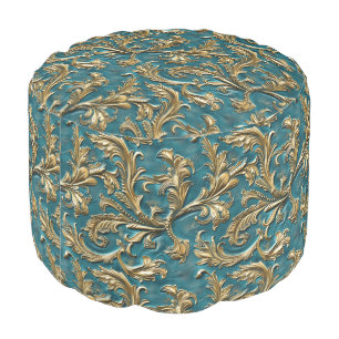 Tooled leather gold teal vintage pouf