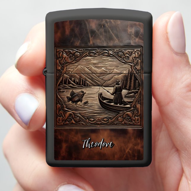 Tooled Leather Lake Fishing Scene Zippo Lighter (In Hand)