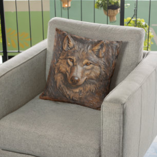 Tooled Leather Look Wolf Portrait Throw Pillow