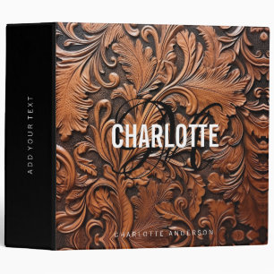 Tooled leather monogram female name 3 ring binder